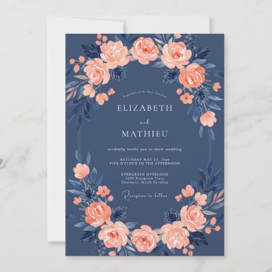 Navy Blue Rose Wedding Einladung (Vorderseite)