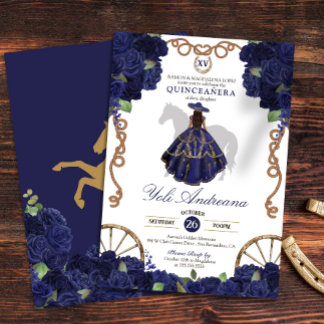 Navy Blue Rosen Floral Country Western Quinceanera Einladung