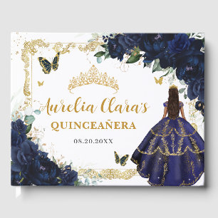 Navy Blue Rosen Florale Prinzessin Gold Quinceaner Gästebuch