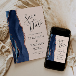 Navy Blue Rosen Gold Agate Blush Save the Date