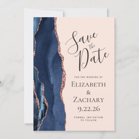 Navy Blue Rosen Gold Agate Blush Save the Date (Vorderseite)