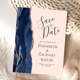 Navy Blue Rosen Gold Agate Blush Save the Date Ankündigungspostkarte