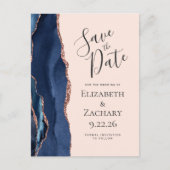 Navy Blue Rosen Gold Agate Blush Save the Date Ankündigungspostkarte (Vorderseite)