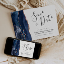 Navy Blue Rosen Gold Agate Save the Date Card