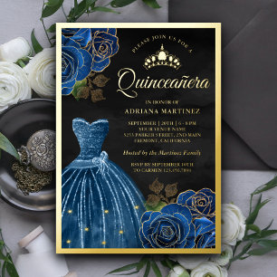 Navy Blue Rosen Kleid Schwarze Quinceanera Gold Folieneinladung