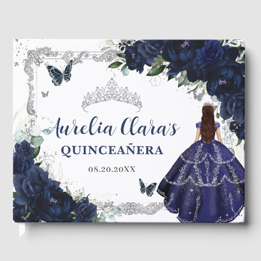 Navy Blue Roses Floral Princess Quinceañera 15 16 Gästebuch (Vorderseite)