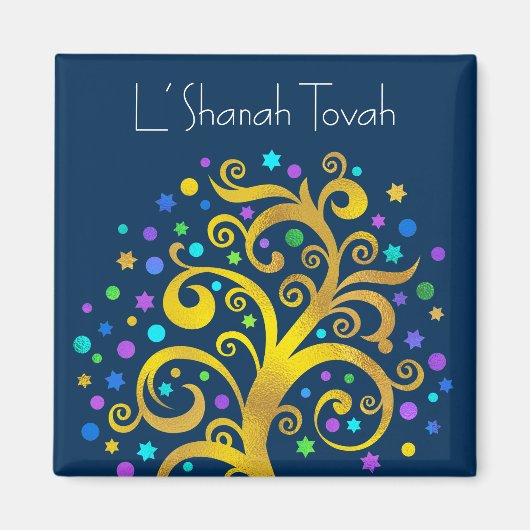 Navy Blue Rosh Hashanah Gold Tree of Life Modern Magnet (Vorne)