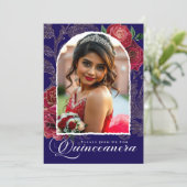 Navy Blue Rote Rosen Foto Princess Quinceanera Einladung (Stehend Vorderseite)
