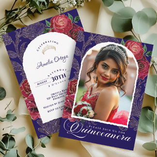 Navy Blue Rote Rosen Foto Princess Quinceanera Einladung