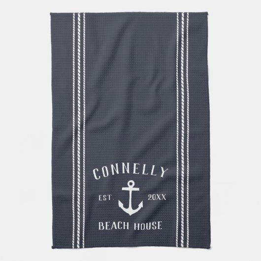 Navy Blue Rustic Anchor Personalisiert Beach House Geschirrtuch (Vertikal)