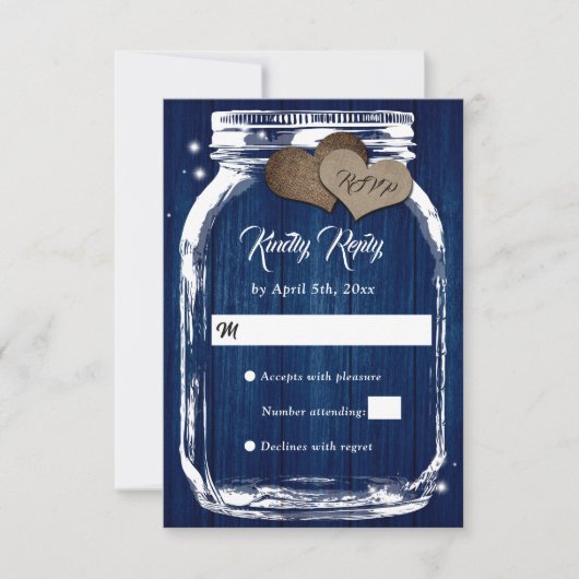 Navy Blue Rustic Bard Wood Mason Jar Wedding RSVP (Vorderseite)
