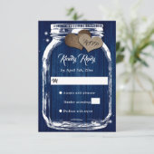 Navy Blue Rustic Bard Wood Mason Jar Wedding RSVP (Stehend Vorderseite)