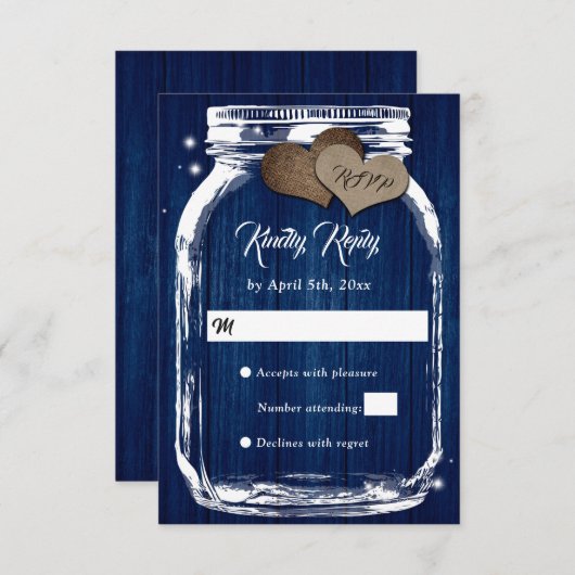 Navy Blue Rustic Bard Wood Mason Jar Wedding RSVP (Vorne/Hinten)