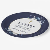 Navy Blue Rustic Boho Floral First Heilige Kommune Pappteller (Schrägansicht)
