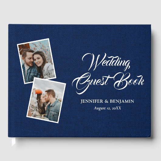 Navy Blue Rustic Burlap Wedding Foto Gästebuch (Vorderseite)