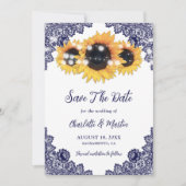 Navy Blue Rustic Chic Lace Sunflower Save The Date (Vorderseite)