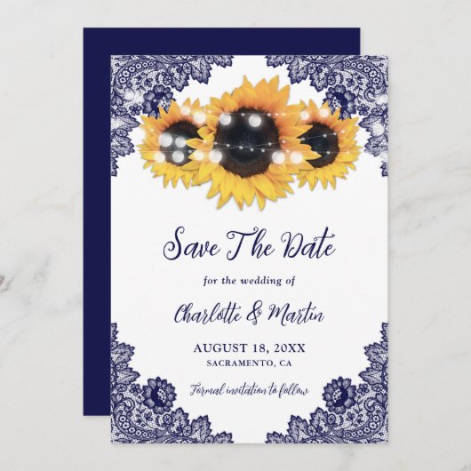 Navy Blue Rustic Chic Lace Sunflower Save The Date (Vorne/Hinten)