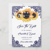 Navy Blue Rustic Chic Lace Sunflower Save The Date (Vorderseite)