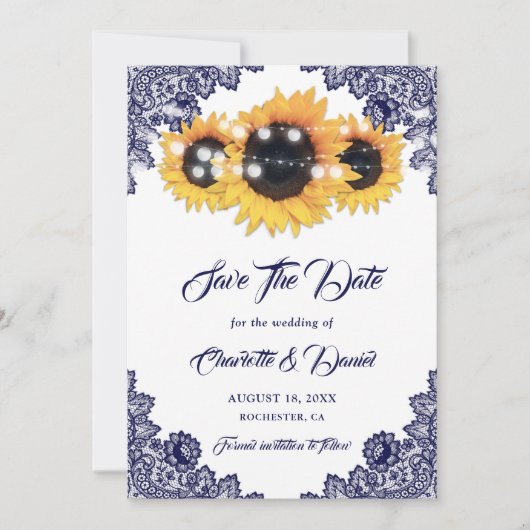 Navy Blue Rustic Chic Lace Sunflower Save The Date (Vorderseite)