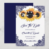 Navy Blue Rustic Chic Lace Sunflower Save The Date (Vorne/Hinten)
