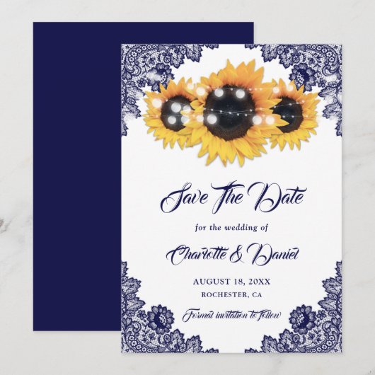 Navy Blue Rustic Chic Lace Sunflower Save The Date (Vorne/Hinten)