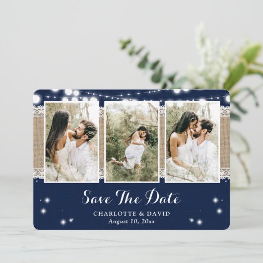 Navy Blue Rustic Country Wedding Foto Save The Date (Stehend Vorderseite)