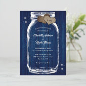 Navy Blue Rustic Country Wood Mason Jar Wedding Einladung (Stehend Vorderseite)
