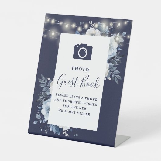 Navy Blue Rustic Floral Foto Guest Book Wedding Sockelschild (Vorderseite)