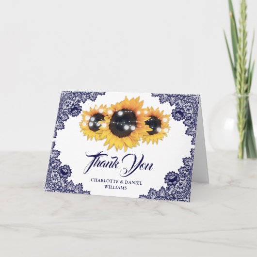 Navy Blue Rustic Floral Lace Sunflower Wedding Dankeskarte (Vorderseite)