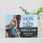 Navy Blue Rustic Foto Save the Date (Stehend Vorderseite)