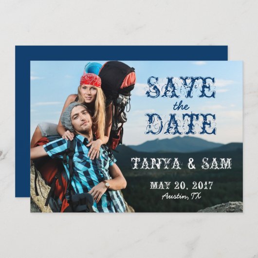 Navy Blue Rustic Foto Save the Date (Vorne/Hinten)