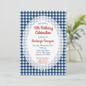 Navy Blue Rustic Gingham Birthday Party Einladung (Stehend Vorderseite)