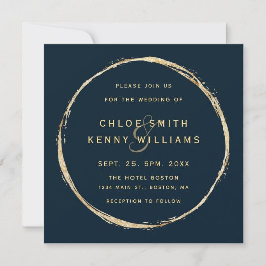 Navy Blue Rustic Gold Circle Wedding Square Einladung (Vorderseite)