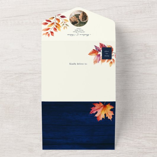Navy Blue Rustic Hochzeit im Herbst All In One Einladung (Außenbereich)