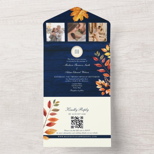 Navy Blue Rustic Hochzeit im Herbst All In One Einladung (Innen Boden)