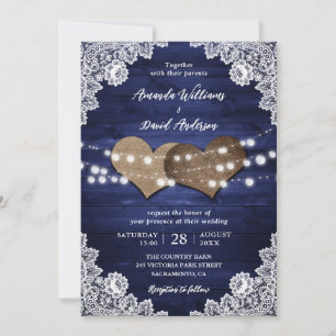 Navy Blue Rustic Holz Burlap Lights Hochzeit Einladung