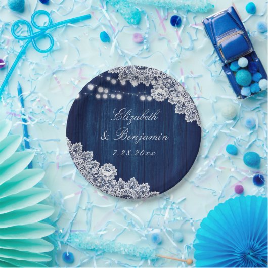 Navy Blue Rustic Holz Spitzen Lichter Pappteller (Party)