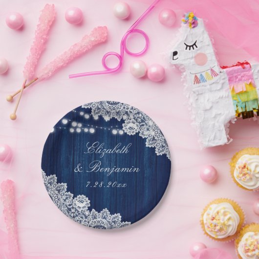 Navy Blue Rustic Holz Spitzen Lichter Pappteller (Party)