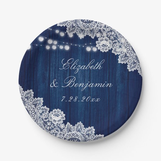 Navy Blue Rustic Holz Spitzen Lichter Pappteller (Vorderseite)