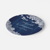 Navy Blue Rustic Holz Spitzen Lichter Pappteller (Schrägansicht)