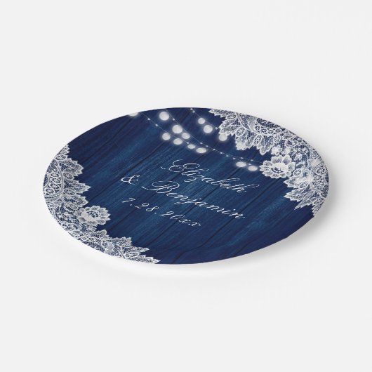 Navy Blue Rustic Holz Spitzen Lichter Pappteller (Schrägansicht)