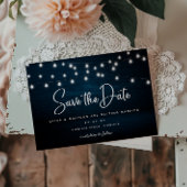 Navy Blue Rustic Holz String Leuchten Save the Dat Postkarte