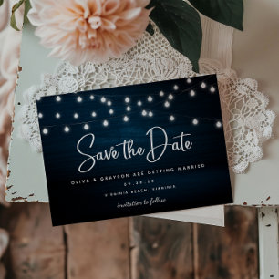 Navy Blue Rustic Holz String Leuchten Save the Dat Postkarte