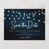Navy Blue Rustic Holz String Leuchten Save the Dat Postkarte (Vorderseite)