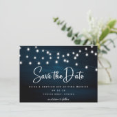 Navy Blue Rustic Holz String Lights Foto Save The Date (Stehend Vorderseite)