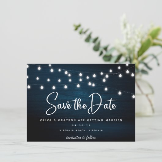 Navy Blue Rustic Holz String Lights Foto Save The Date (Stehend Vorderseite)