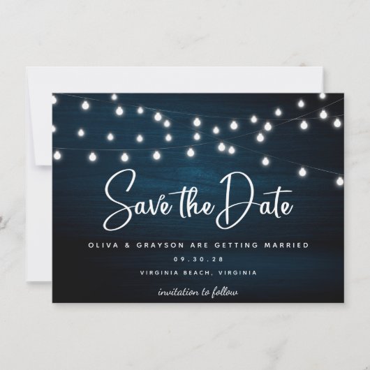 Navy Blue Rustic Holz String Lights Foto Save The Date (Vorderseite)