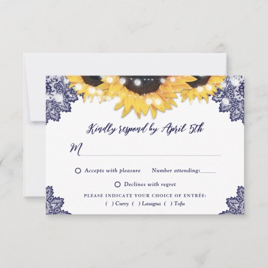 Navy Blue Rustic Lace Sunflower Wedding RSVP Karte (Vorderseite)