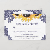 Navy Blue Rustic Lace Sunflower Wedding RSVP Karte (Vorne/Hinten)