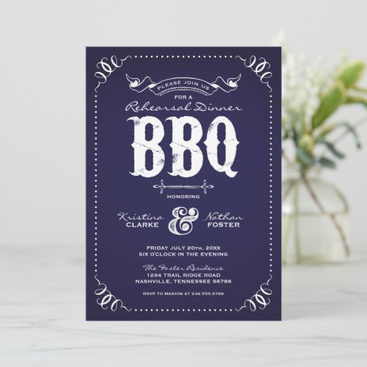 Navy Blue Rustic Probe Dinner GRILLEN Einladung (Stehend Vorderseite)